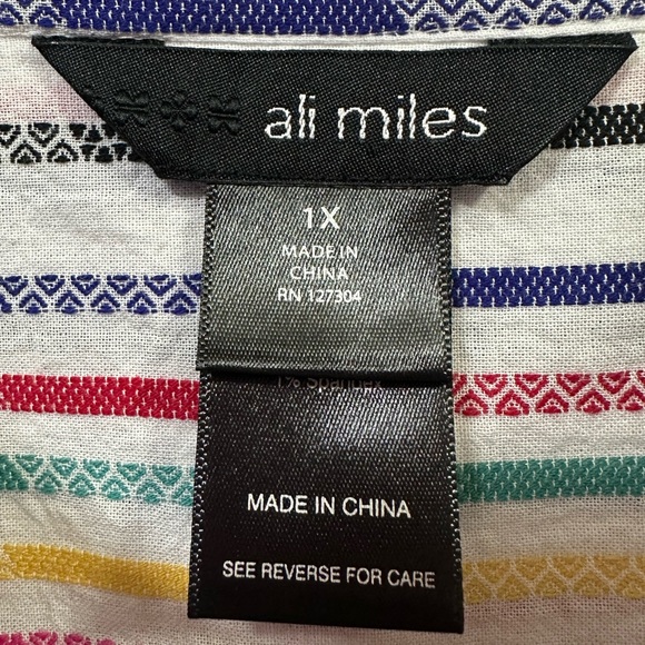 Ali Miles 1X Cotton Textured Rainbow Stripes Button Down Tunic Roll Tab Sleeve - Picture 8 of 15